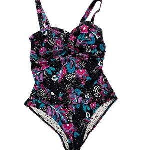 June & Daisy Floral One-Piece Swimsuit Size 22W Plus Black‎ Pink Blue Tropical